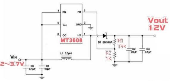 һ��MT3608����3.7vת12v����ѹ��·ͼ