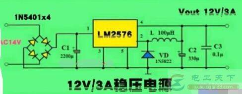 һ����LM2576������12Vֱ����ѹ��Դ��·ͼ